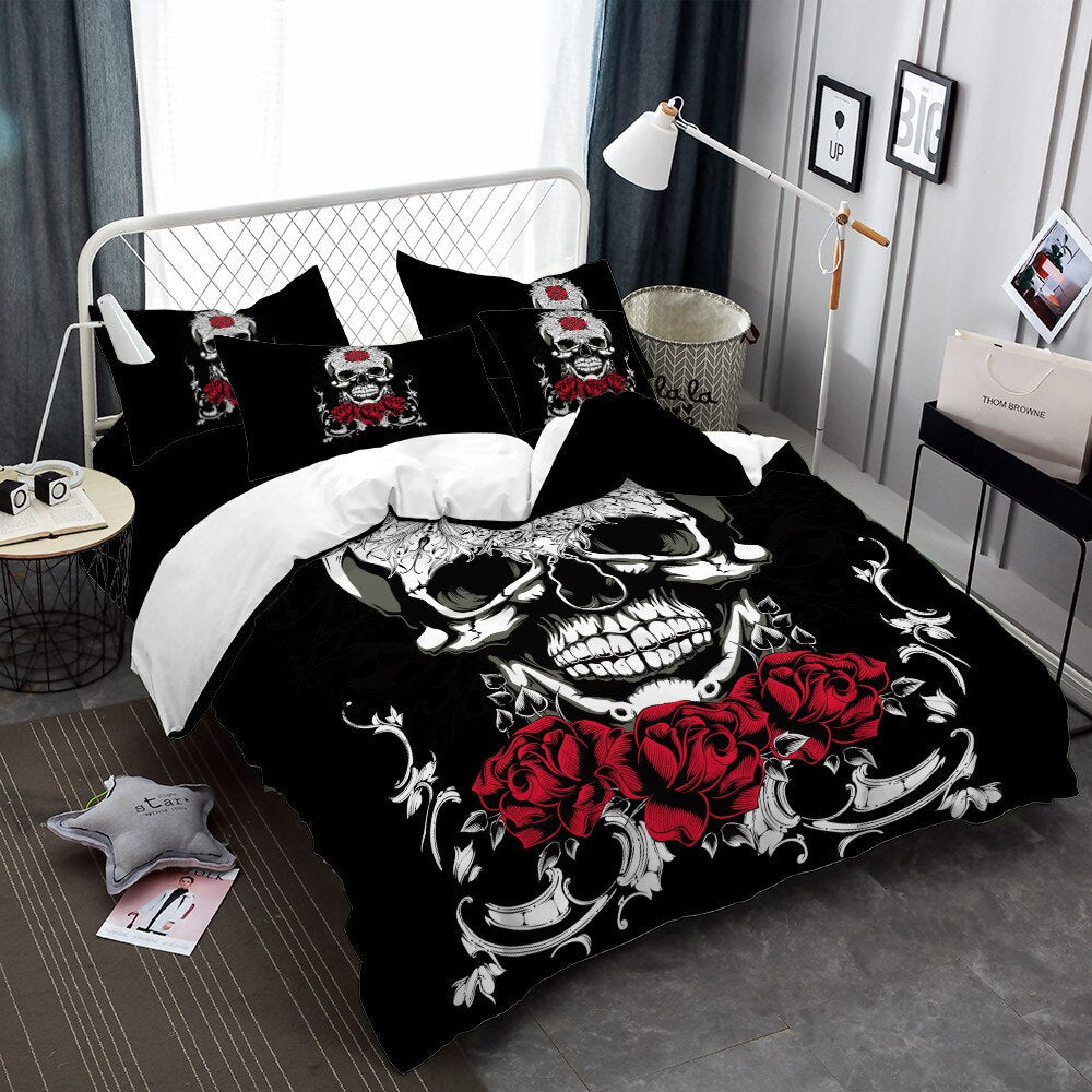 Girls Sugar Skull Bedding Set Red Rose Flowers Print Duvet Cover