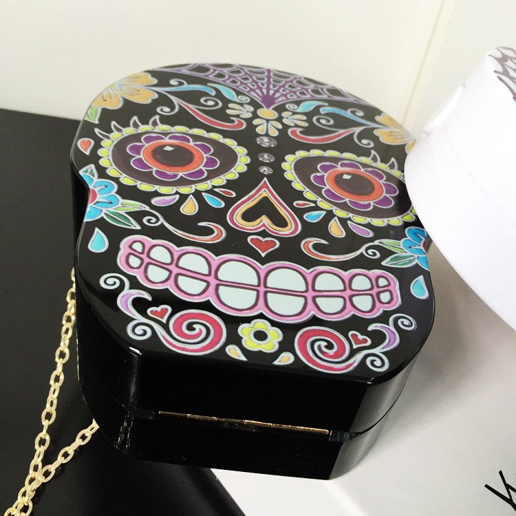New arrival fashion personality skull pattern painted black & white acrylic Party Clutch shoulder bag ladies handbag flap purse