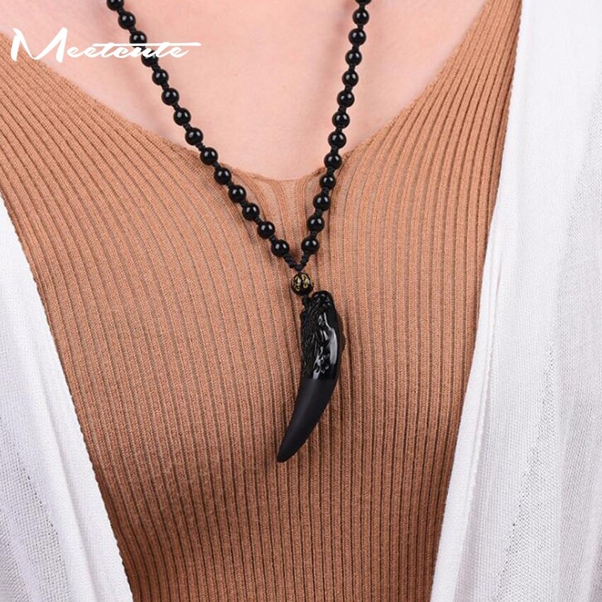 Stone Ice Obsidian Pendant Necklace Wolf Tooth Amulets Talismans Couple