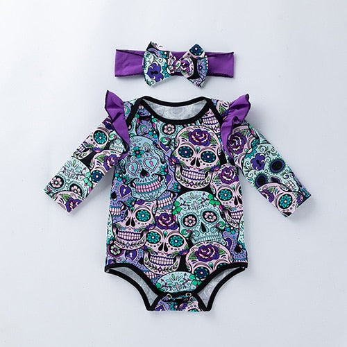 Set of 2 pcs: Baby Girl Boy Bodysuit Long Sleeve Skull Print Newborn Infant Suit & Headband