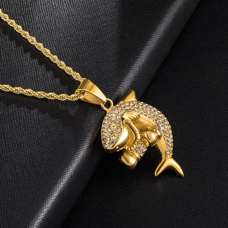 Hop Iced out Bling Gold Color Shark Stainless Steel