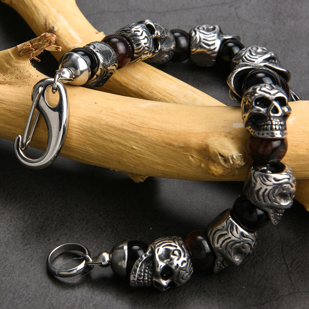 Natural Stone Skull Beads Bracelet Men Gothic Gold Stainless Steel