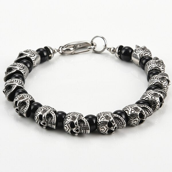 Natural Stone Skull Beads Bracelet Men Gothic Gold Stainless Steel