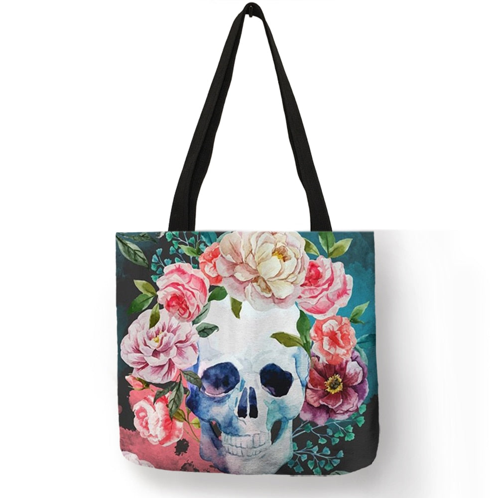 Floral Skull Customized Tote Bag Linen Handbags for Women Lady