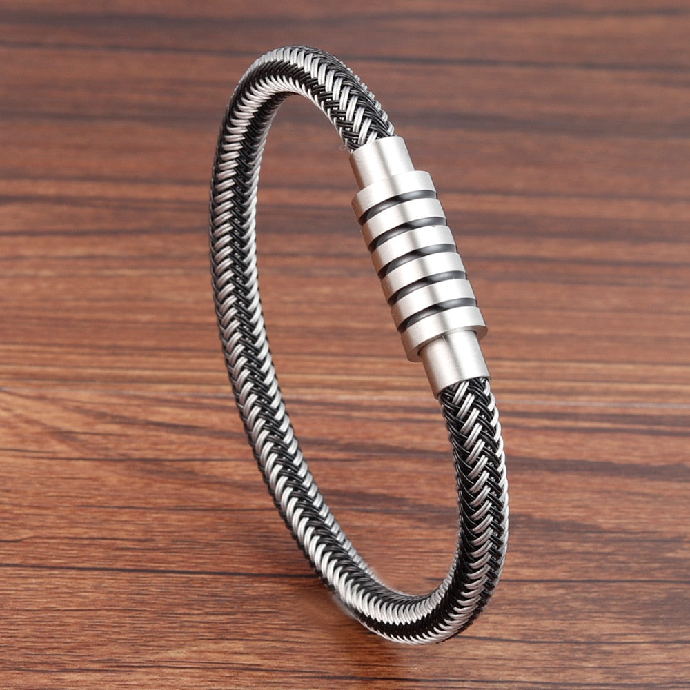 Punk Threaded Button Metal Weaving Bracelet