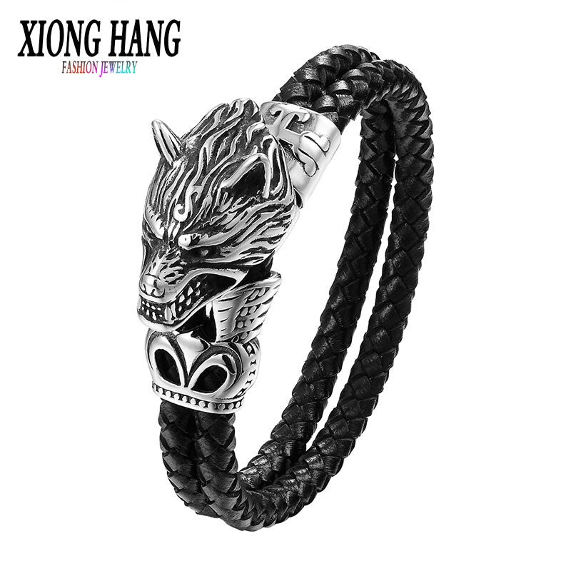 Wolf Head Bracelet Titanium Steel Jewelry Vintage Genuine Leather Bangle