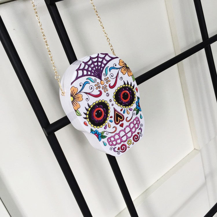 New arrival fashion personality skull pattern painted black & white acrylic Party Clutch shoulder bag ladies handbag flap purse