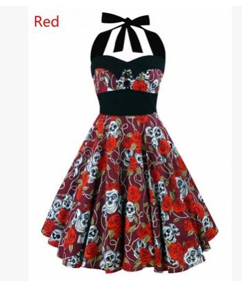 2019 Plus Size Women Floral Skull Print Off Shoulder Halter Dress