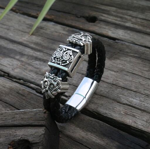 viking slavic Cowhide bracelet men Black Braided Leather Cuff Stainless Steel