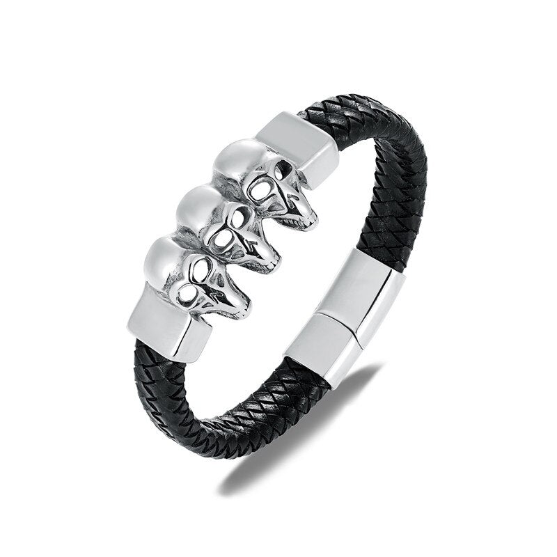 new punk Style Stainless steel skull genuine leather