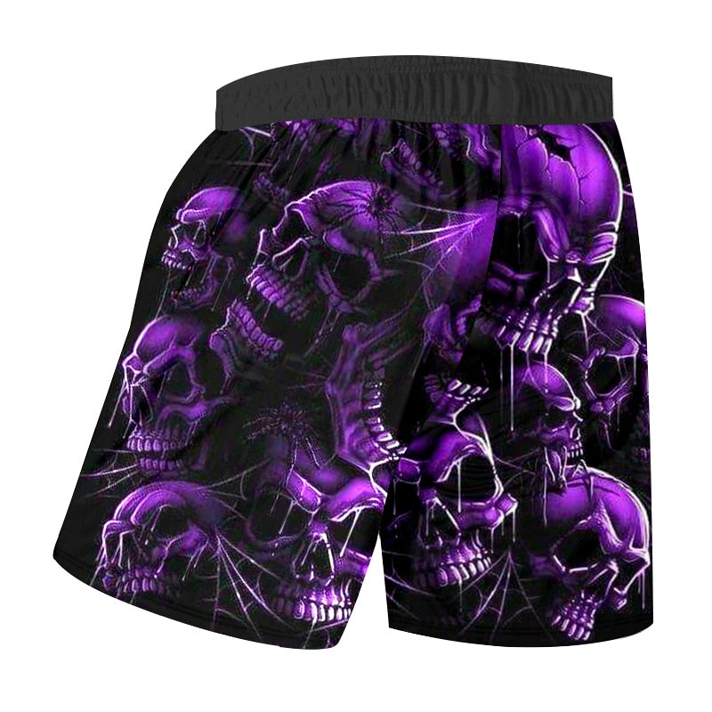 Men Quick Dry Polyester Cool Print Purple Broken Skull Shorts Casual