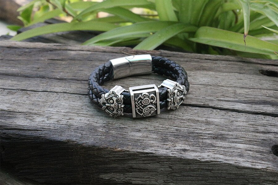 viking slavic Cowhide bracelet men Black Braided Leather Cuff Stainless Steel