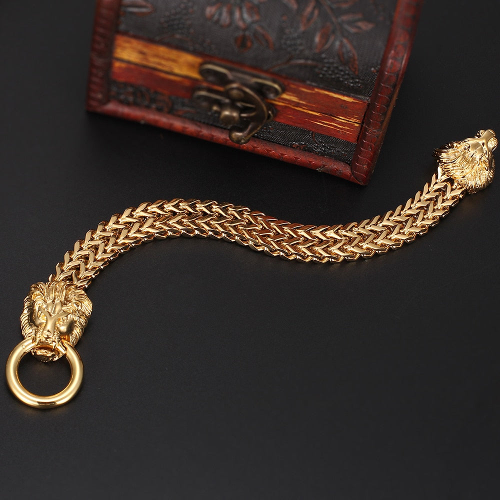 Gold Wolf Lion Head Bracelet Stainless Steel Men's Friendship Bracelets