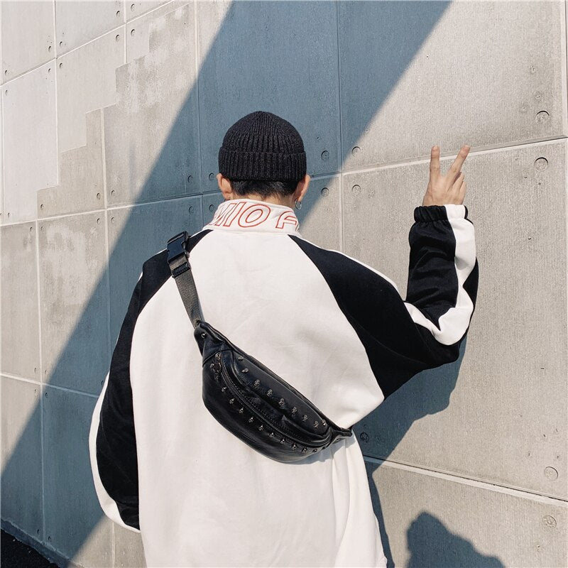 Fashion Unisex Waist Pack Bag Pu Leather Skull Chest Bag Black