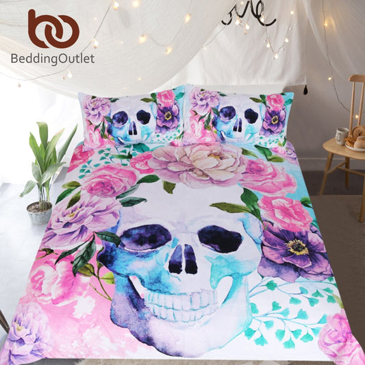 BeddingOutlet Sugar Skull Bedding Set Floral Roses Duvet Cover