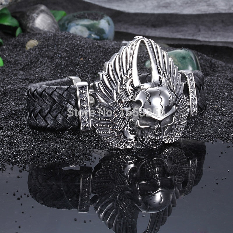 8.66'' Cool 316L Stainless Steel Men's Heavy Genuine leather Large Angel