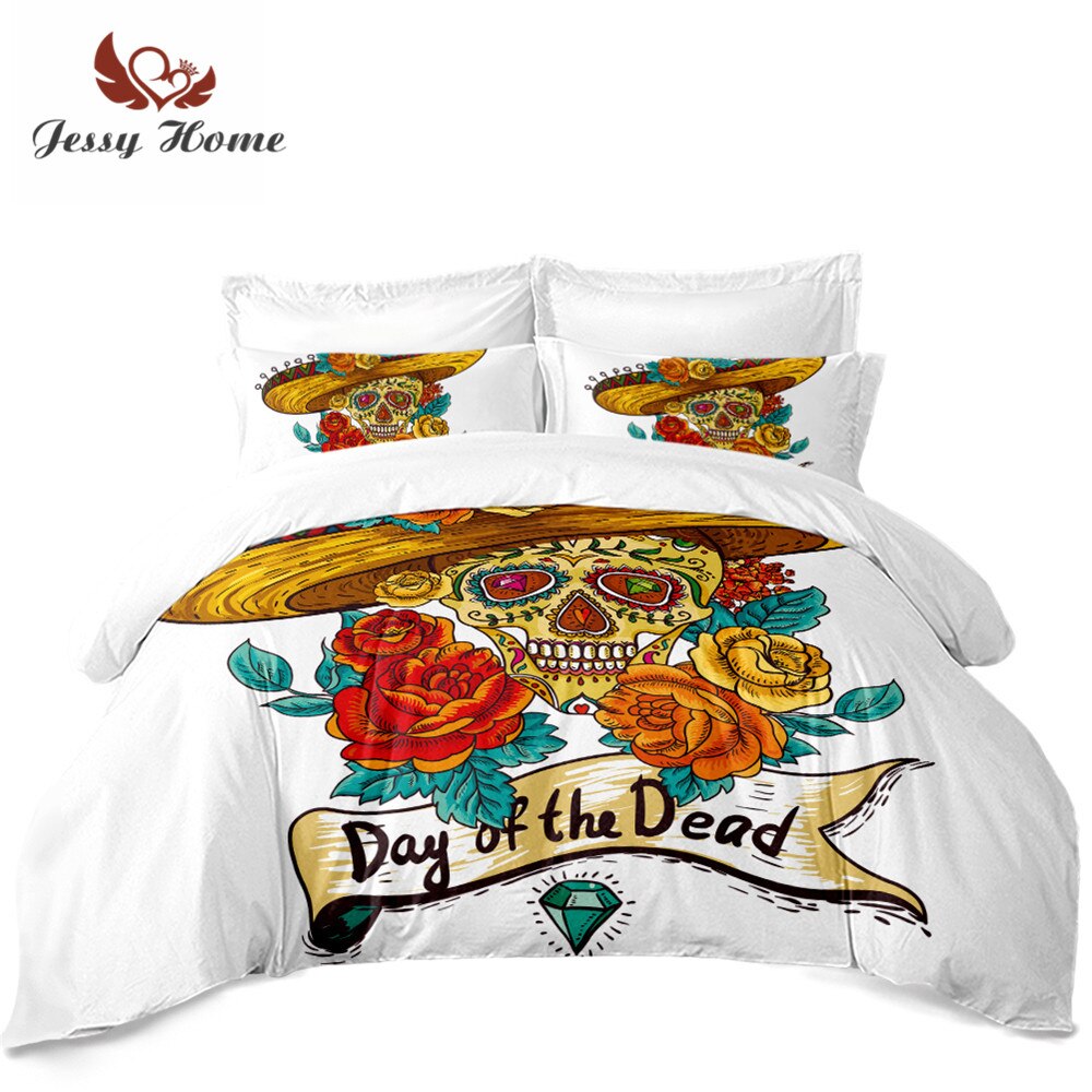 Tribal Sugar Skull Bedding Set Golden Flowers Print Duvet Cover