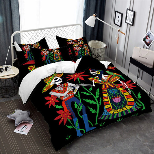 Exotic Couple Skeleton Bedding Set Colorful Floral Duvet Cover Sugar Skull