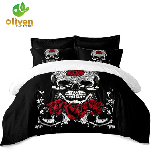 Girls Sugar Skull Bedding Set Red Rose Flowers Print Duvet Cover