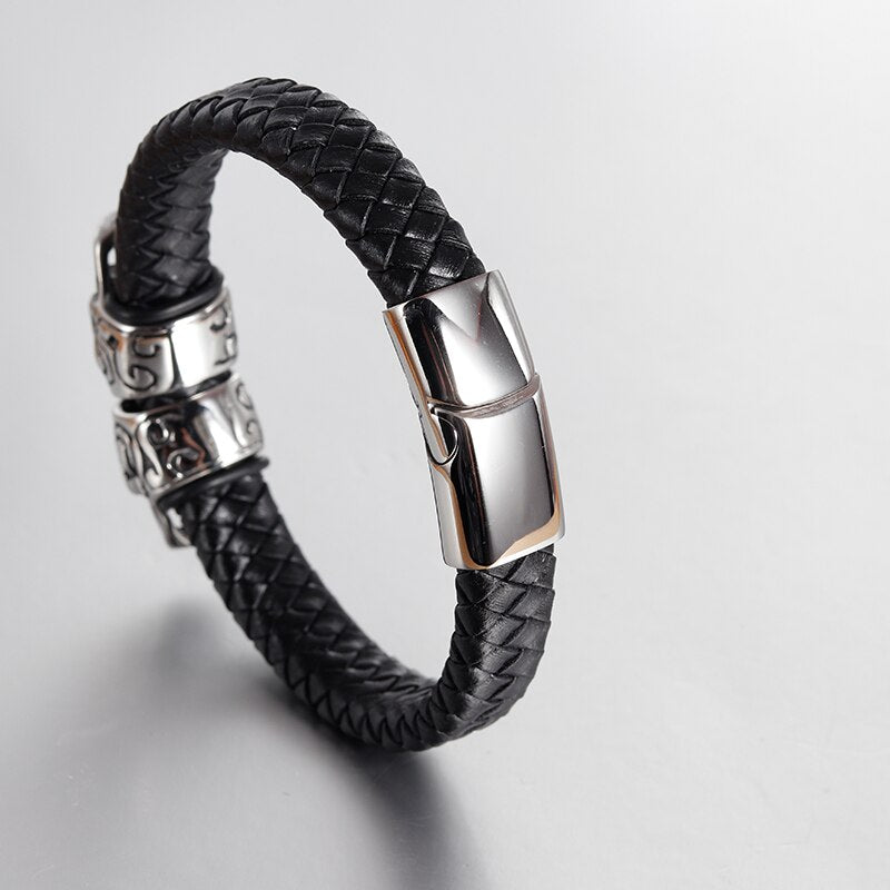 Punk Genuine Leather Bracelet Bangle Double Skull Charm Bracelet