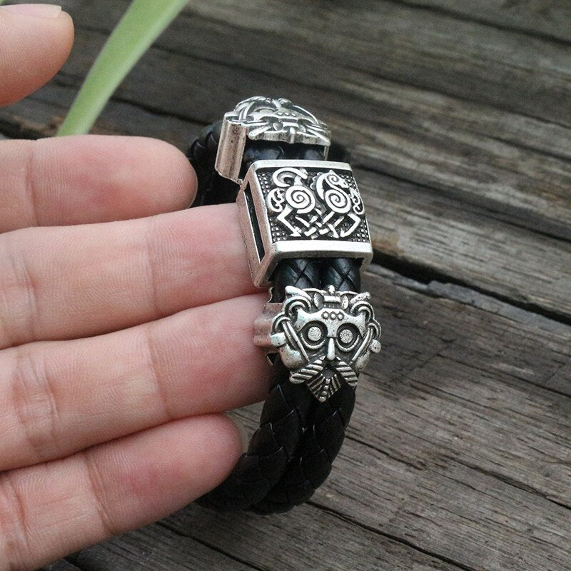 viking slavic Cowhide bracelet men Black Braided Leather Cuff Stainless Steel