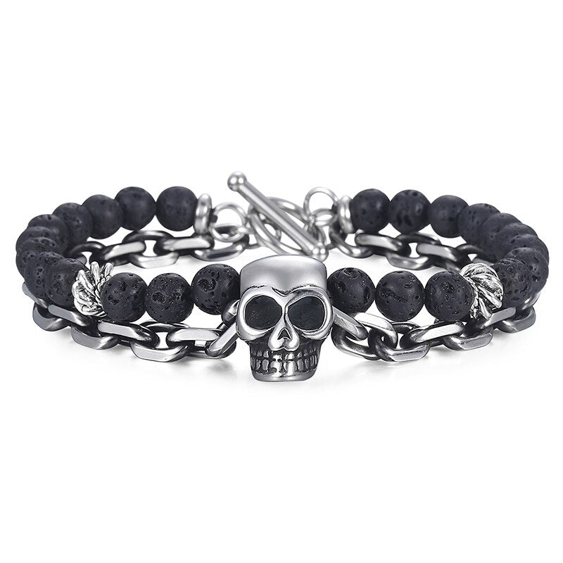 Skull Charm Bracelets for Men Stainless Steel Double Layered Wheat Link Black L
