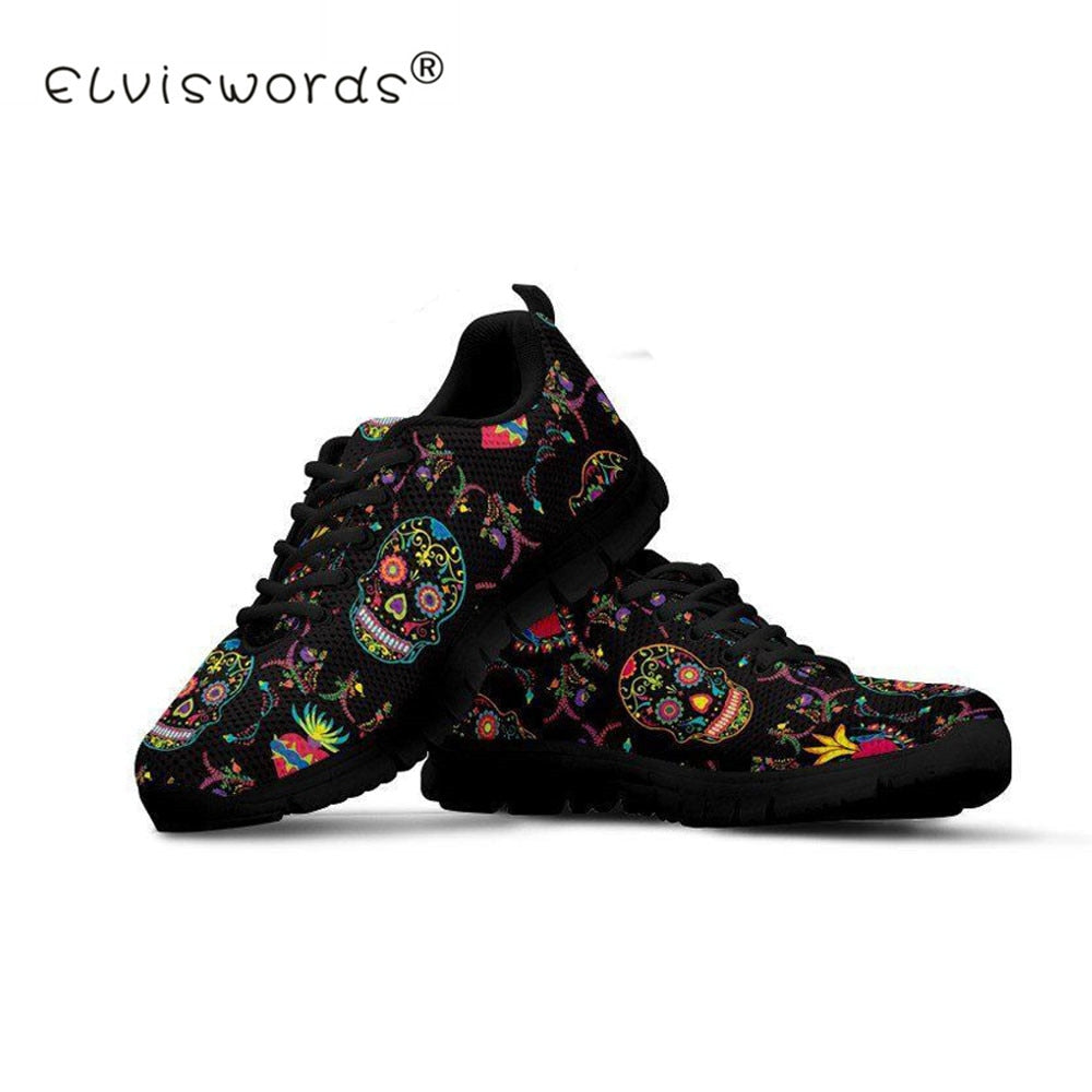 Women Flats Shoes Sugar Skull Calavera Pattern Lace Up Sneakers Running Shoes