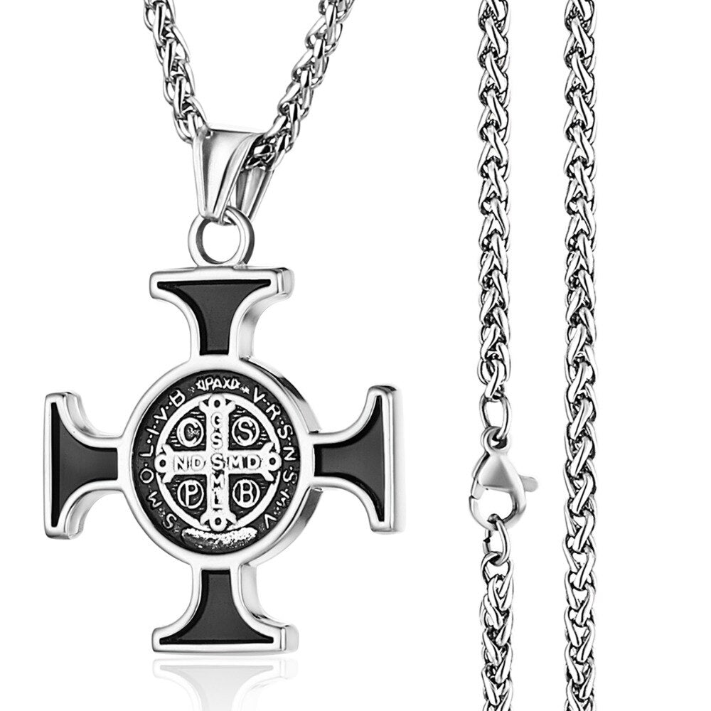 Male Stainless Steel Link Chain Round Circle Cross Pendant Necklace