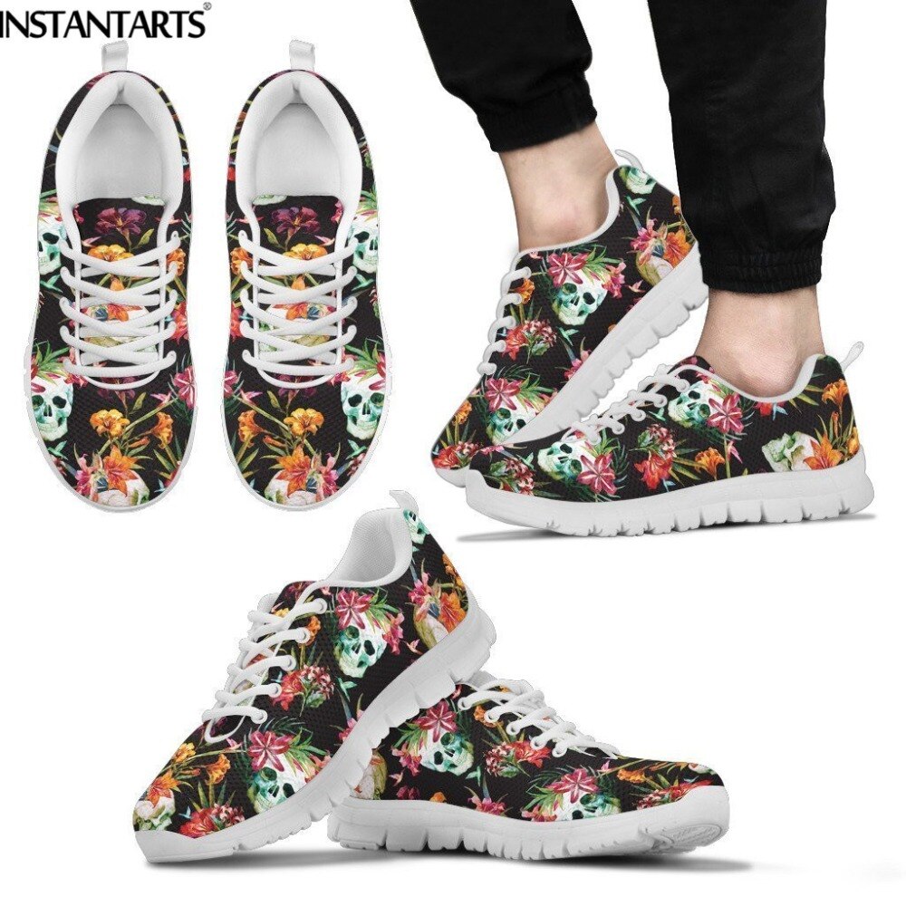 Women Flats Casual Sneakers Blossom Flowers Skull Pattern