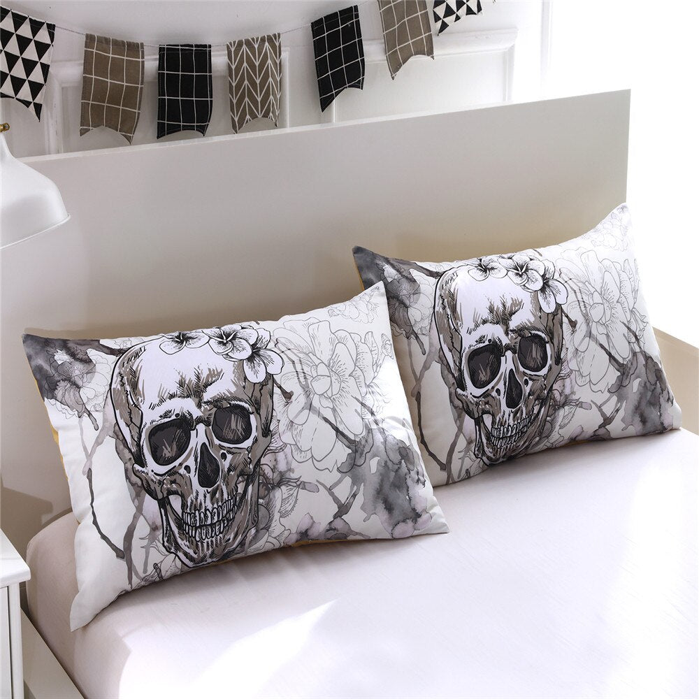 Black And White Skull Duvet Cover With Pillowcases 3D Flowers Print Soft Bed