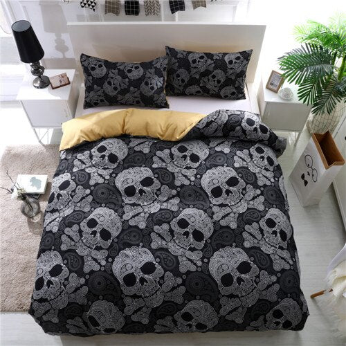 Black And White Skull Duvet Cover With Pillowcases 3D Flowers Print Soft Bed