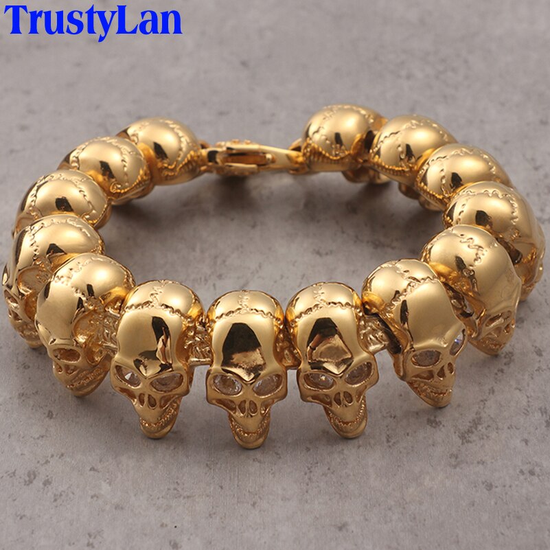 Gothic Skull Bracelet For Biker Rocker Vintage Golden