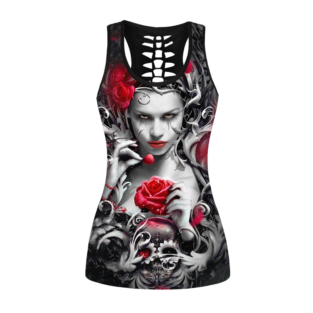 Sexy Women Tank Tops Banshee Mask Rose Printing Sling Top