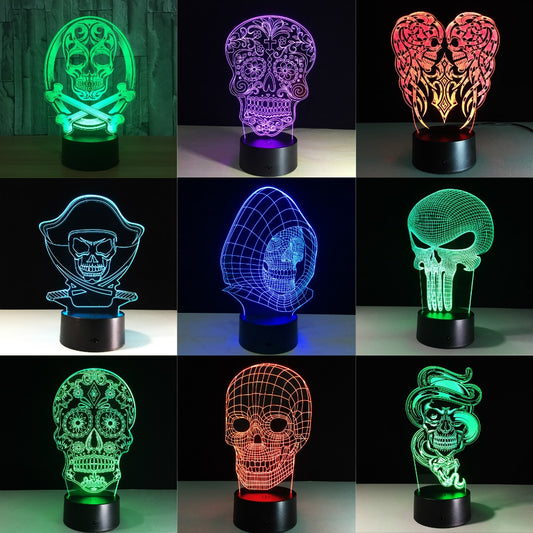 3D LED Color Night Light Changing Lamp Halloween Skull  Light Acrylic 3D
