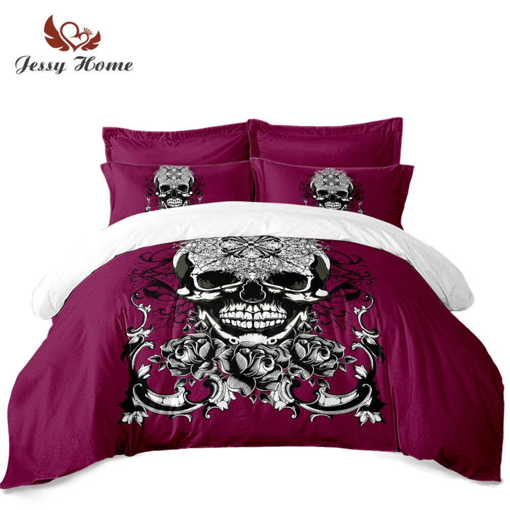 Ladies Sugar Skull Bedding Set Red Flowers Print Duvet Cover