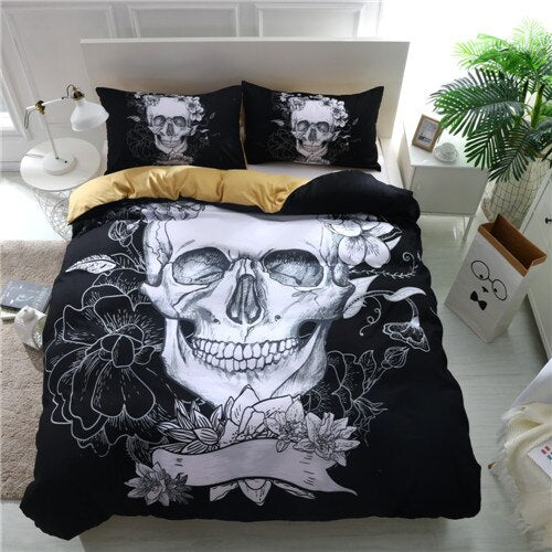 Black And White Skull Duvet Cover With Pillowcases 3D Flowers Print Soft Bed