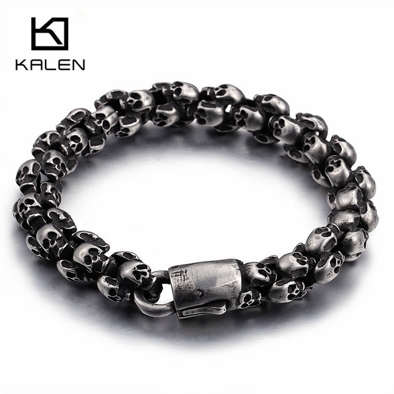 Punk Long Matte Skull Necklace & Bracelets For Men Stainless Steel