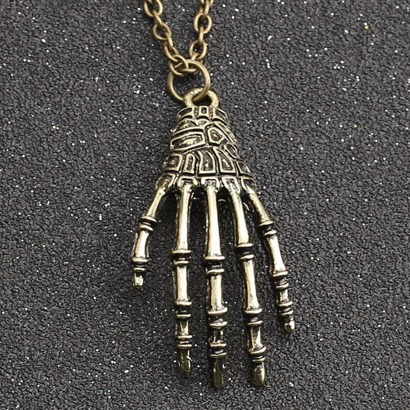 Skull Hand Necklace Skeleton Bone Claw Gothic Punk Vintage Antique Bronze Silver