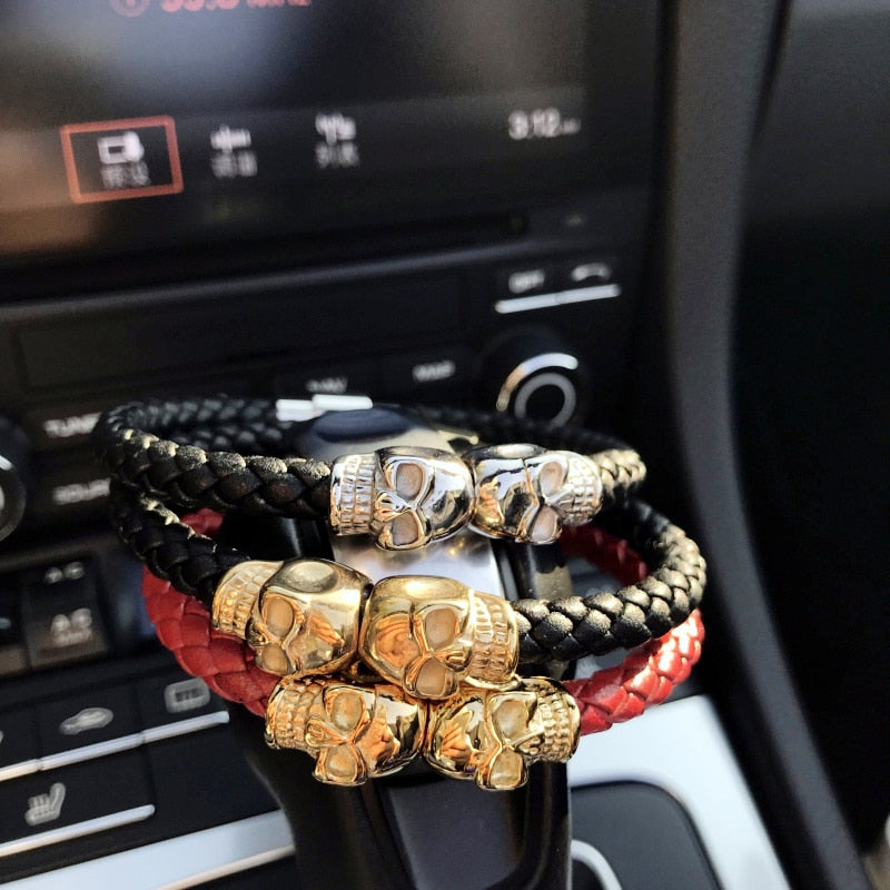 skull bracelet men/Genuine leather/Skeleton/Skull/bracelet homme Black