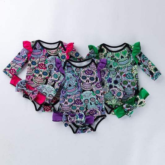 Set of 2 pcs: Baby Girl Boy Bodysuit Long Sleeve Skull Print Newborn Infant Suit & Headband