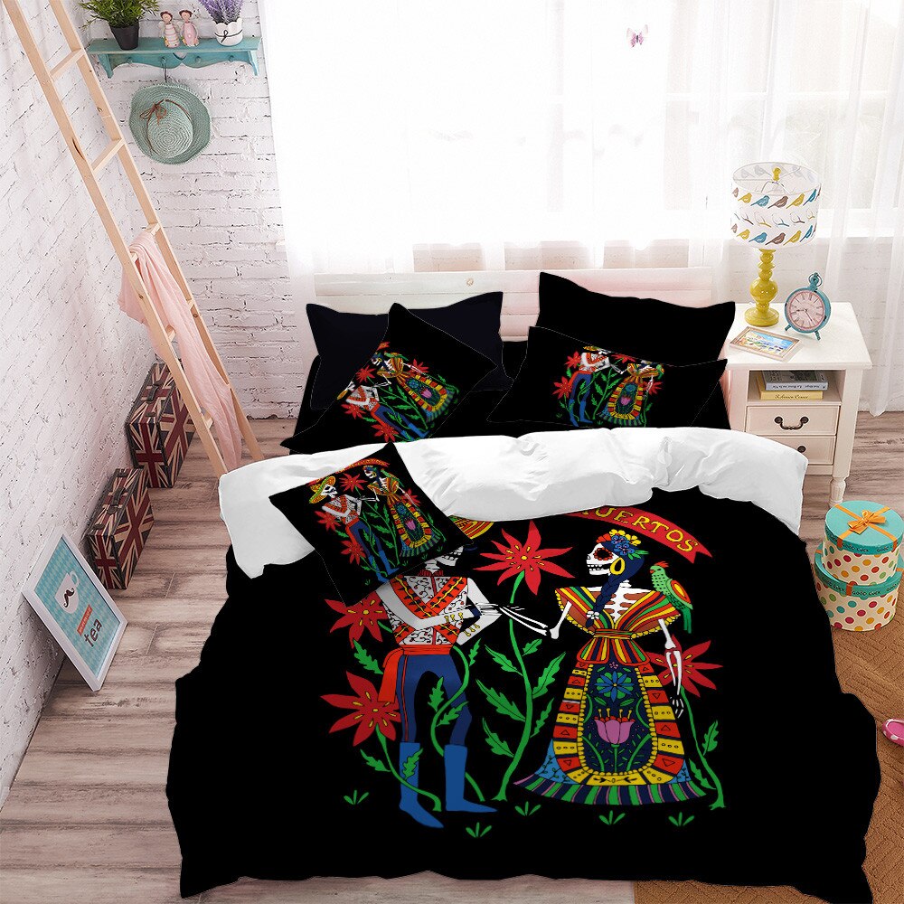 Exotic Couple Skeleton Bedding Set Colorful Floral Duvet Cover Sugar Skull