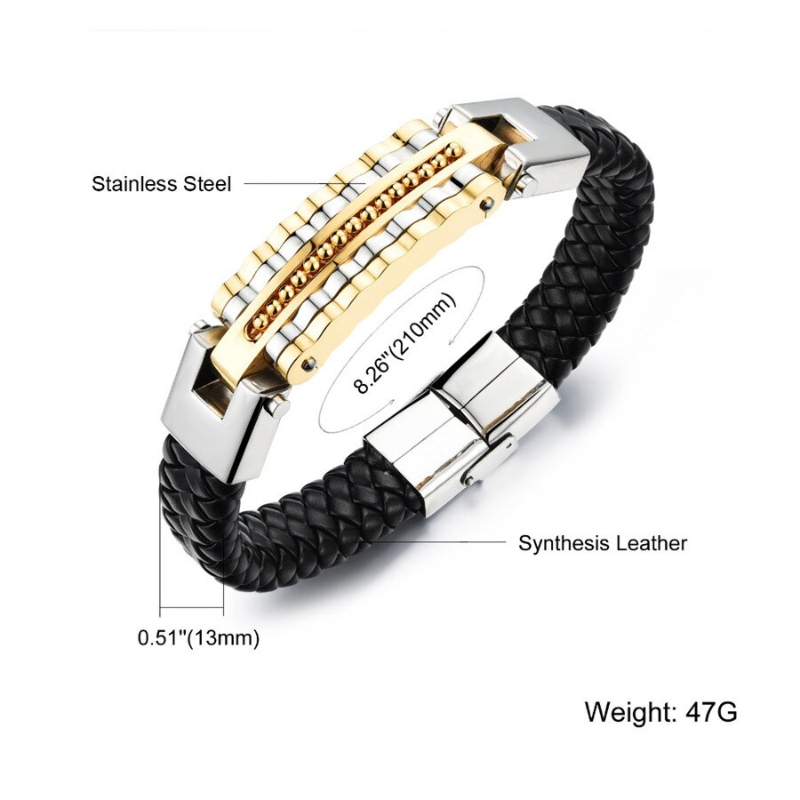Black Leather Bracelet Men Charm Bangle Stainless Steel