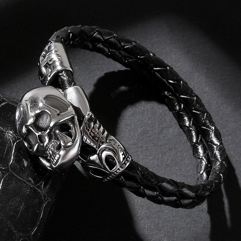 Punk Skull Bracelets Black Braided Multilayer Leather Bracelet