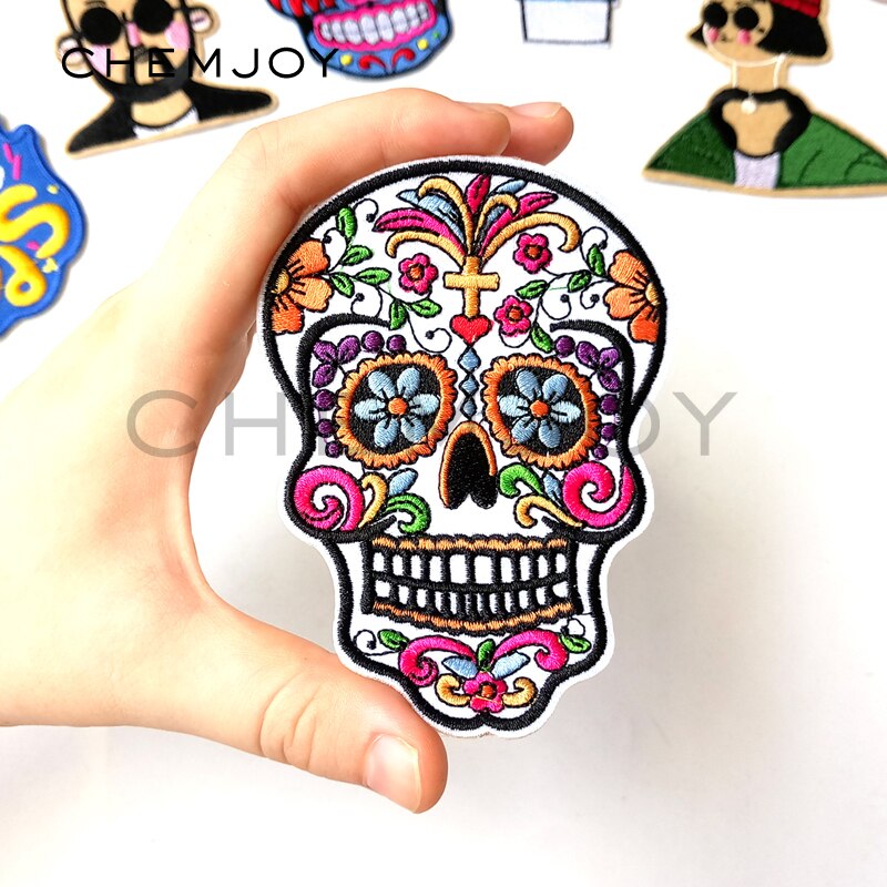 White Skull Mexican Sugar Skull Embroidered Patch for Clothing Iron on Applique for Jackets Biker Patch Clothes Stickers Badges