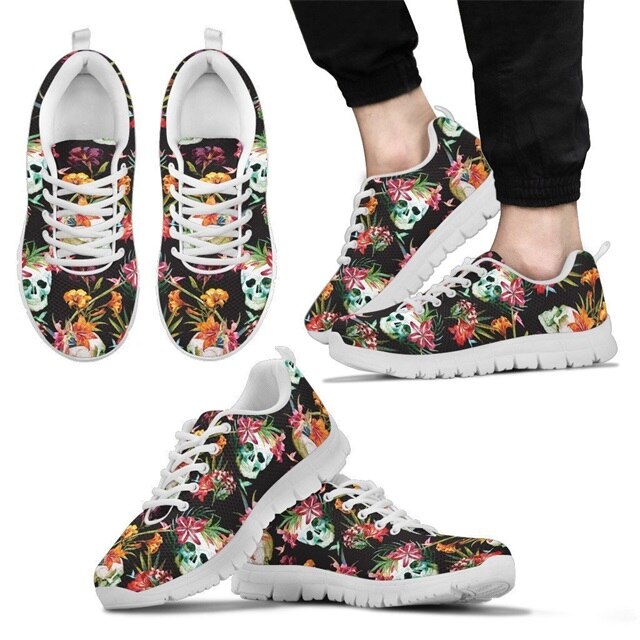 Women Flats Casual Sneakers Blossom Flowers Skull Pattern