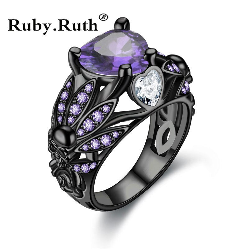 Punk Ring For Women Purple Crystal CZ Skull Rings Black Gold