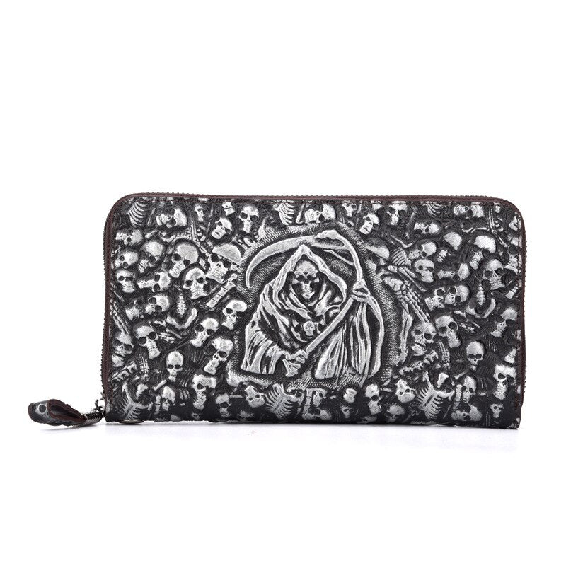 Genuine Leather Women Men Fashion Long Wallet Skull