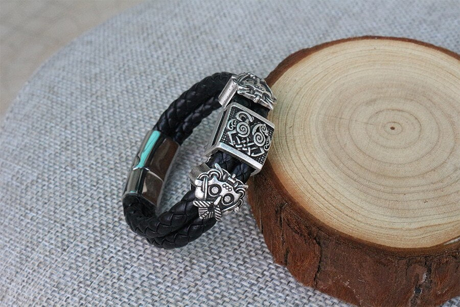 viking slavic Cowhide bracelet men Black Braided Leather Cuff Stainless Steel