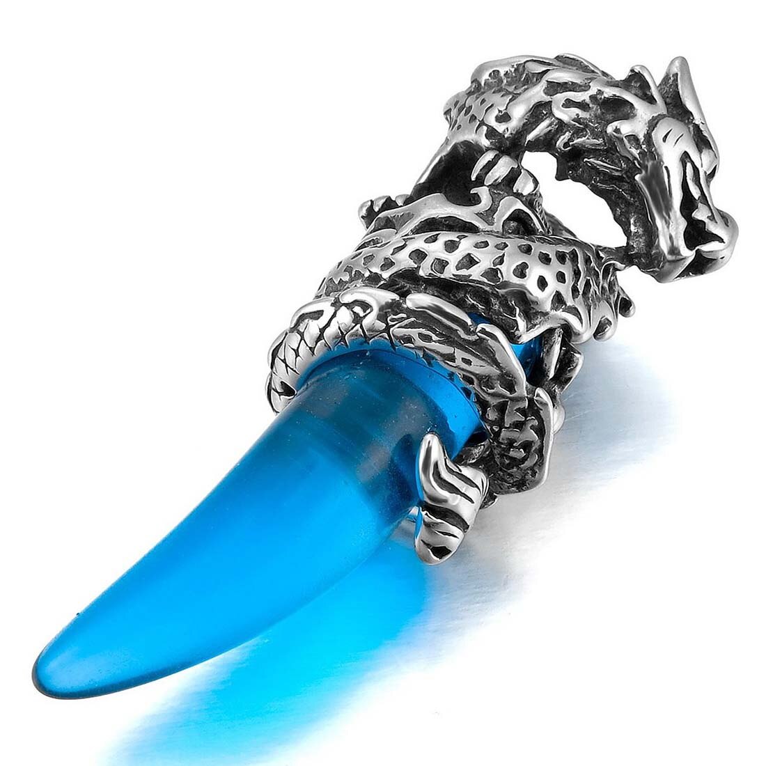 Stainless Steel Pendant Necklace Crystal silver-color Blue Dragon Wolf Tooth Man