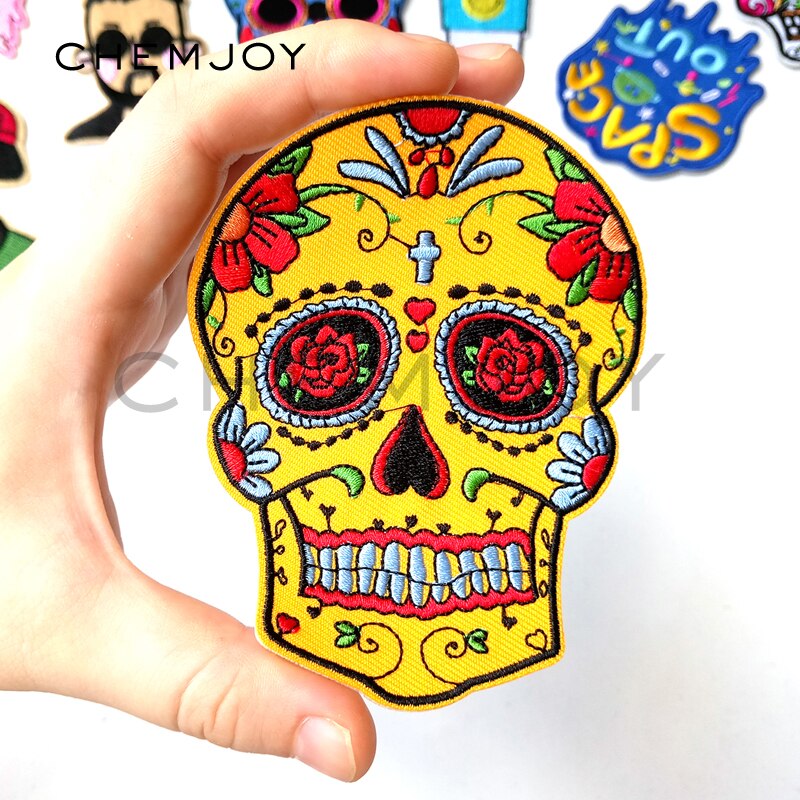 Yellow Mexican Skull Embroidered Skull Patch for Clothing Iron on Sewing Applique for Jackets Jeans Clothes Stickers Badges